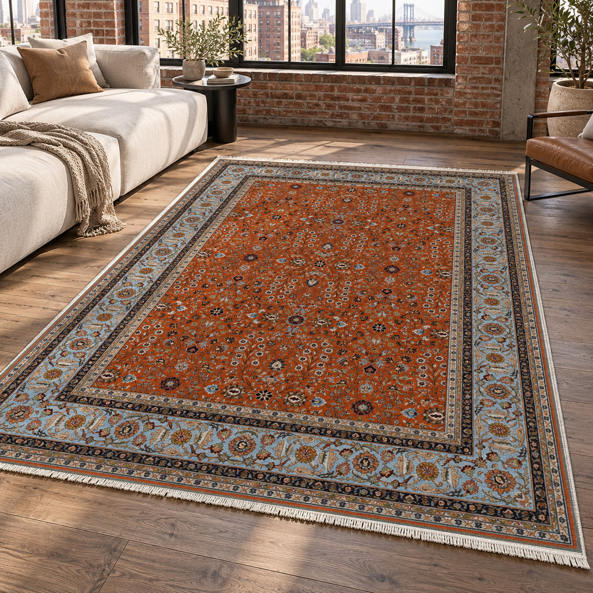 Ornamental Floral Terracotta Sky Classic Washable Rug — new york living