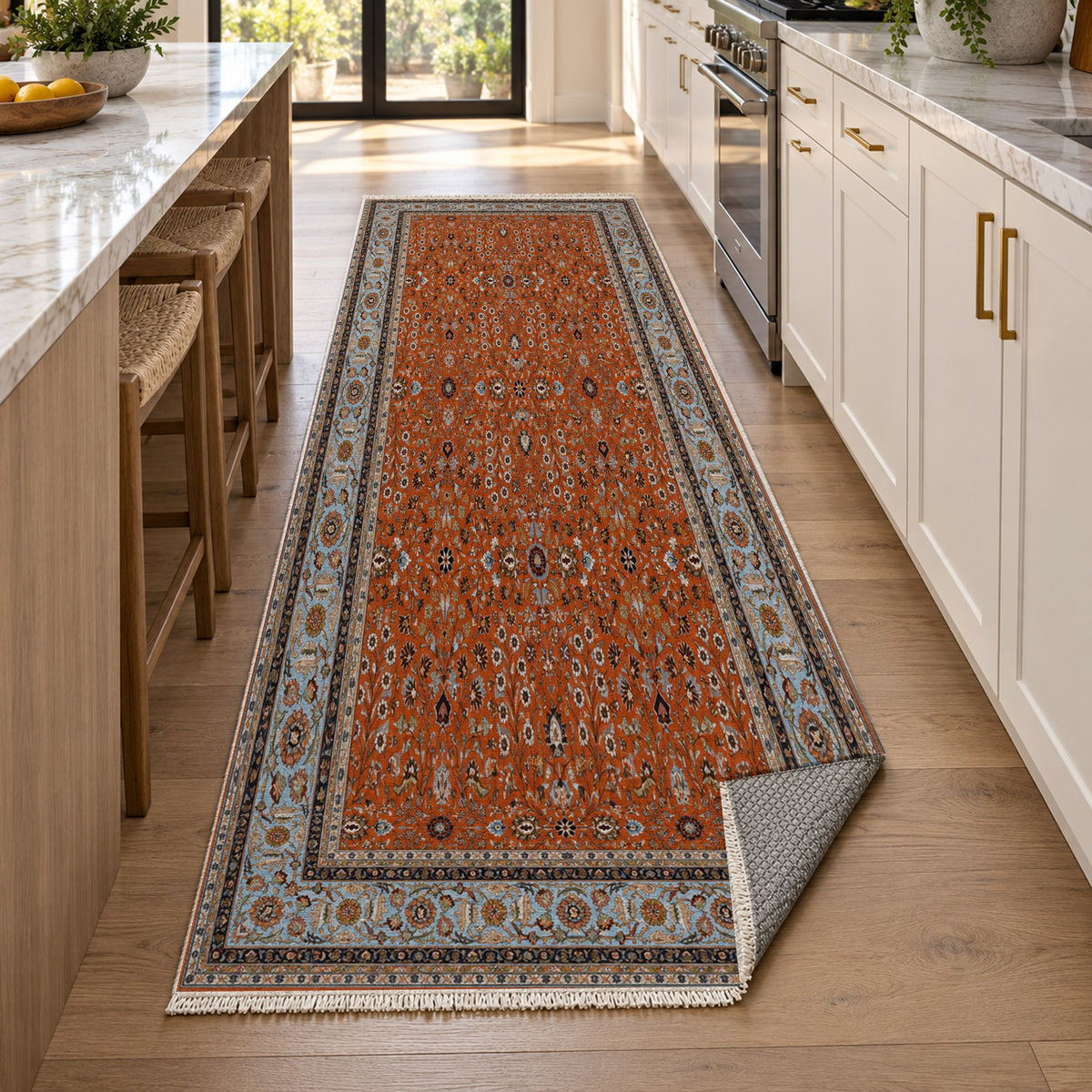 Ornamental Floral Terracotta Sky Classic Washable Rug — new york kitchen runner