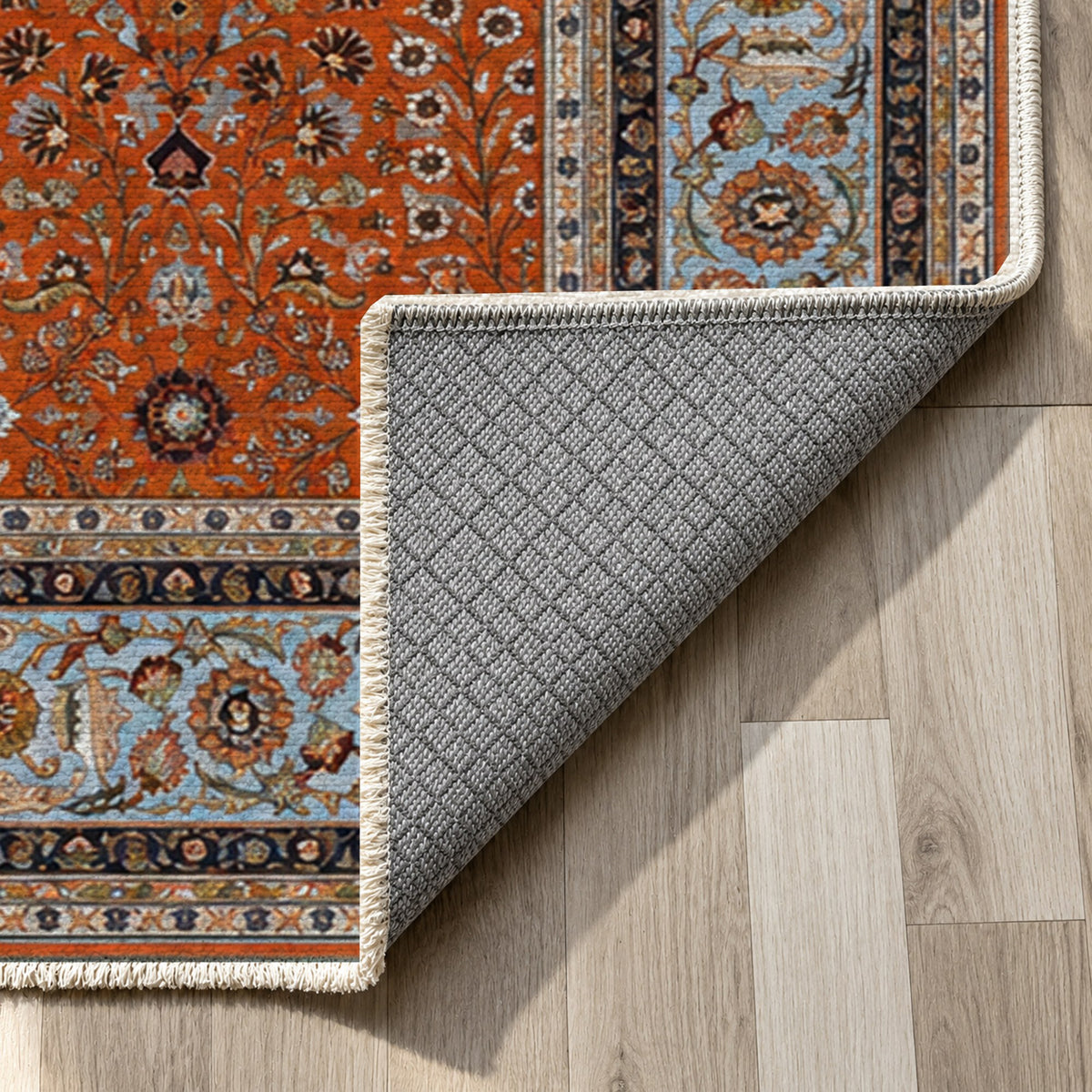 Ornamental Floral Terracotta Sky Classic Washable Rug — backing close up