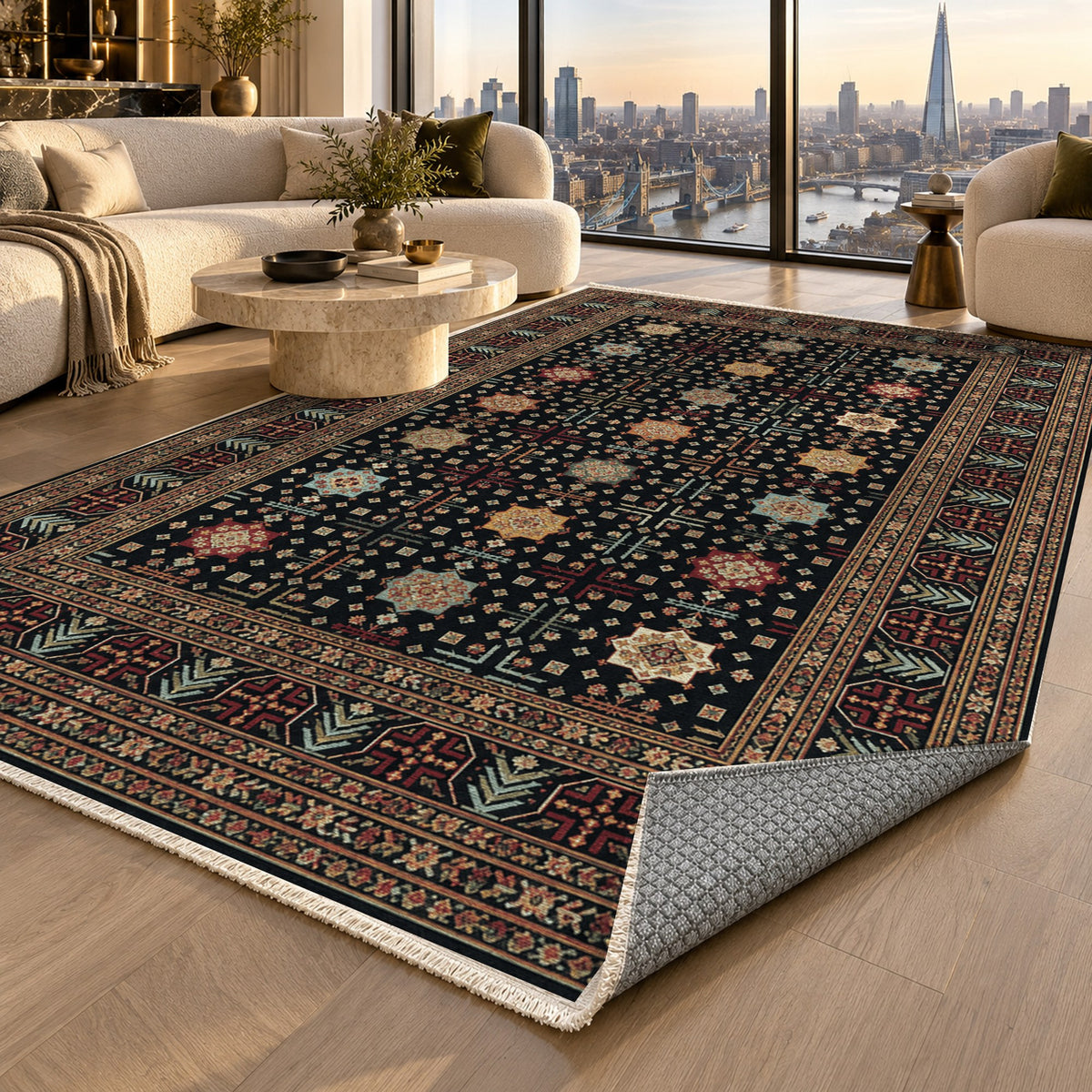 Ornamental Geometric Black Jewel Ethnic Washable Rug — london luxury living