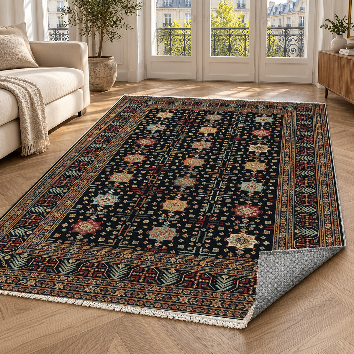 Ornamental Geometric Black Jewel Ethnic Washable Rug — paris living