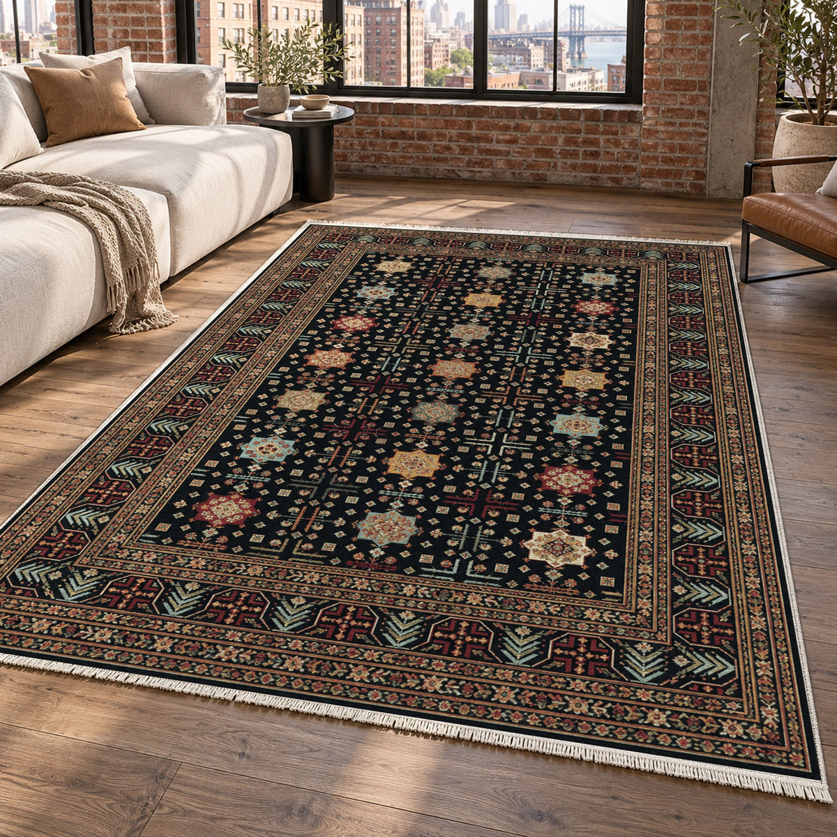 Ornamental Geometric Black Jewel Ethnic Washable Rug — new york living
