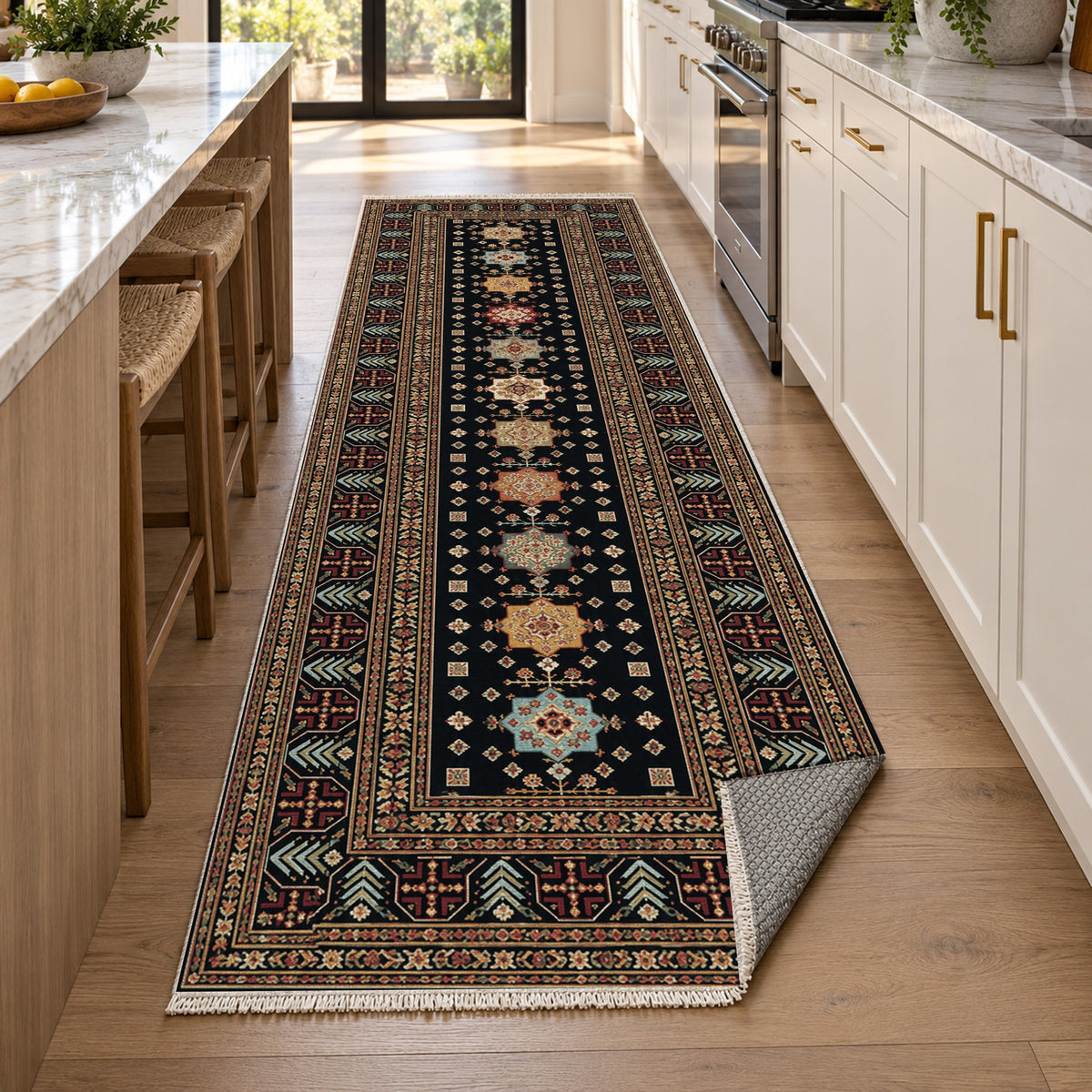 Ornamental Geometric Black Jewel Ethnic Washable Rug — new york kitchen runner