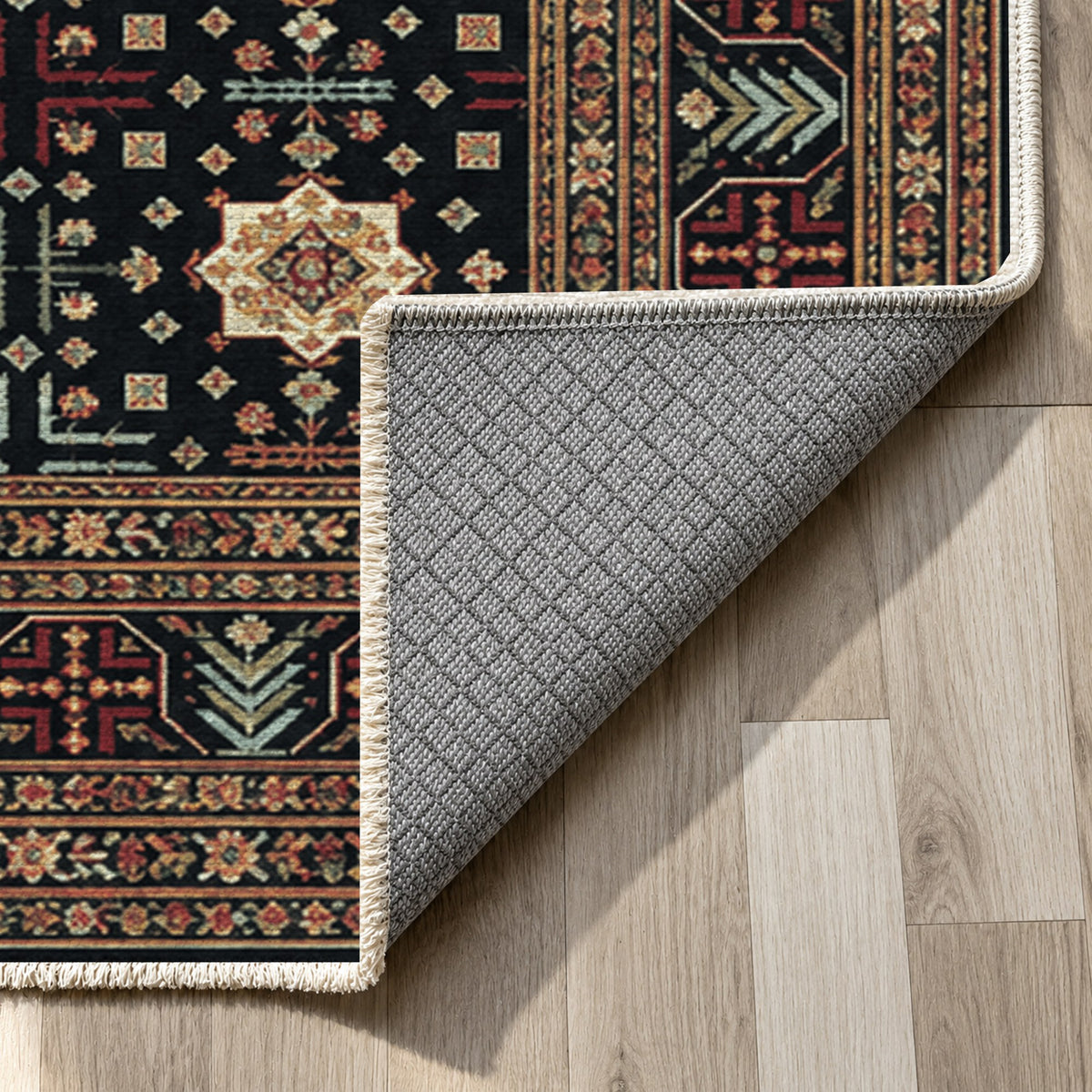 Ornamental Geometric Black Jewel Ethnic Washable Rug — backing close up