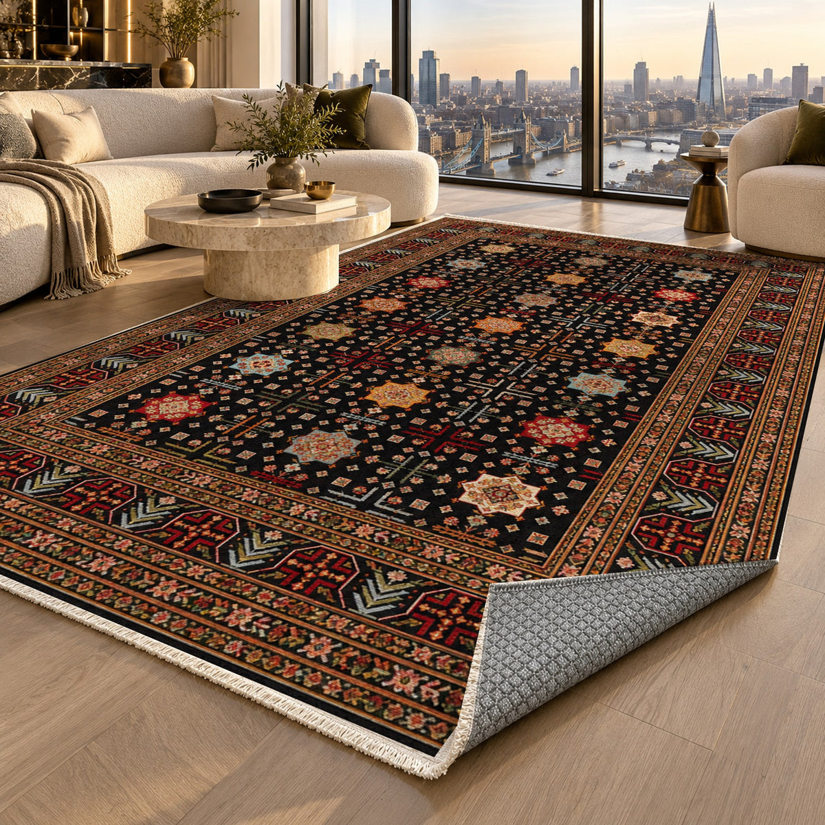 Ornamental Geometric Black Multicolor Ethnic Washable Rug — london luxury living