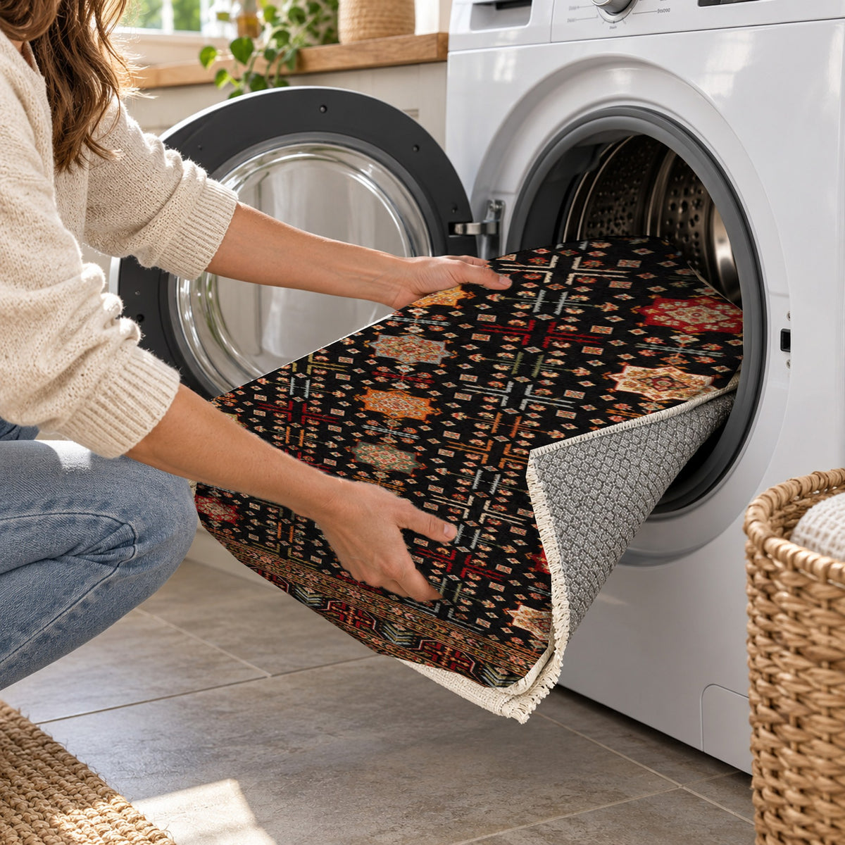 Ornamental Geometric Black Multicolor Ethnic Washable Rug — washing machine