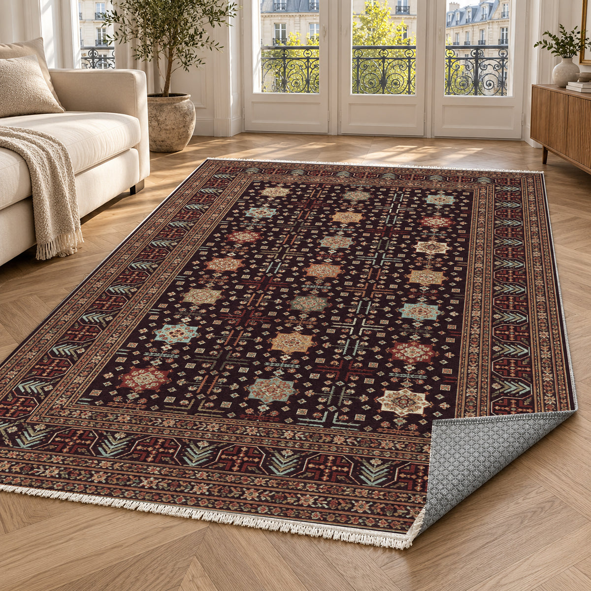 Ornamental Geometric Burgundy Aqua Ethnic Washable Rug — paris living