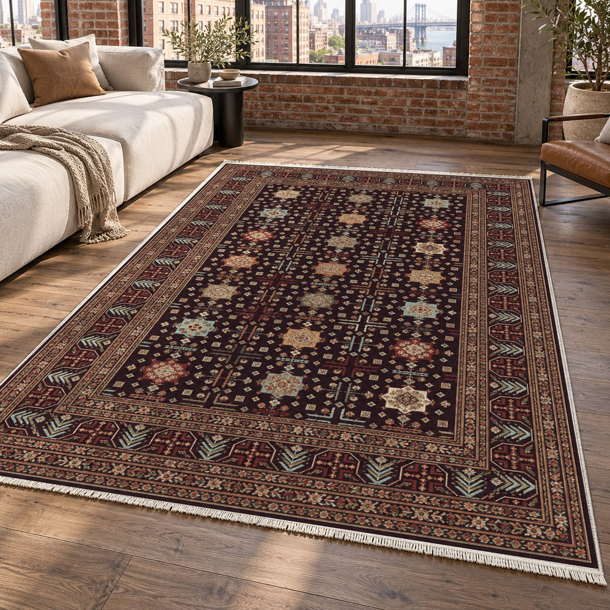 Ornamental Geometric Burgundy Aqua Ethnic Washable Rug — new york living