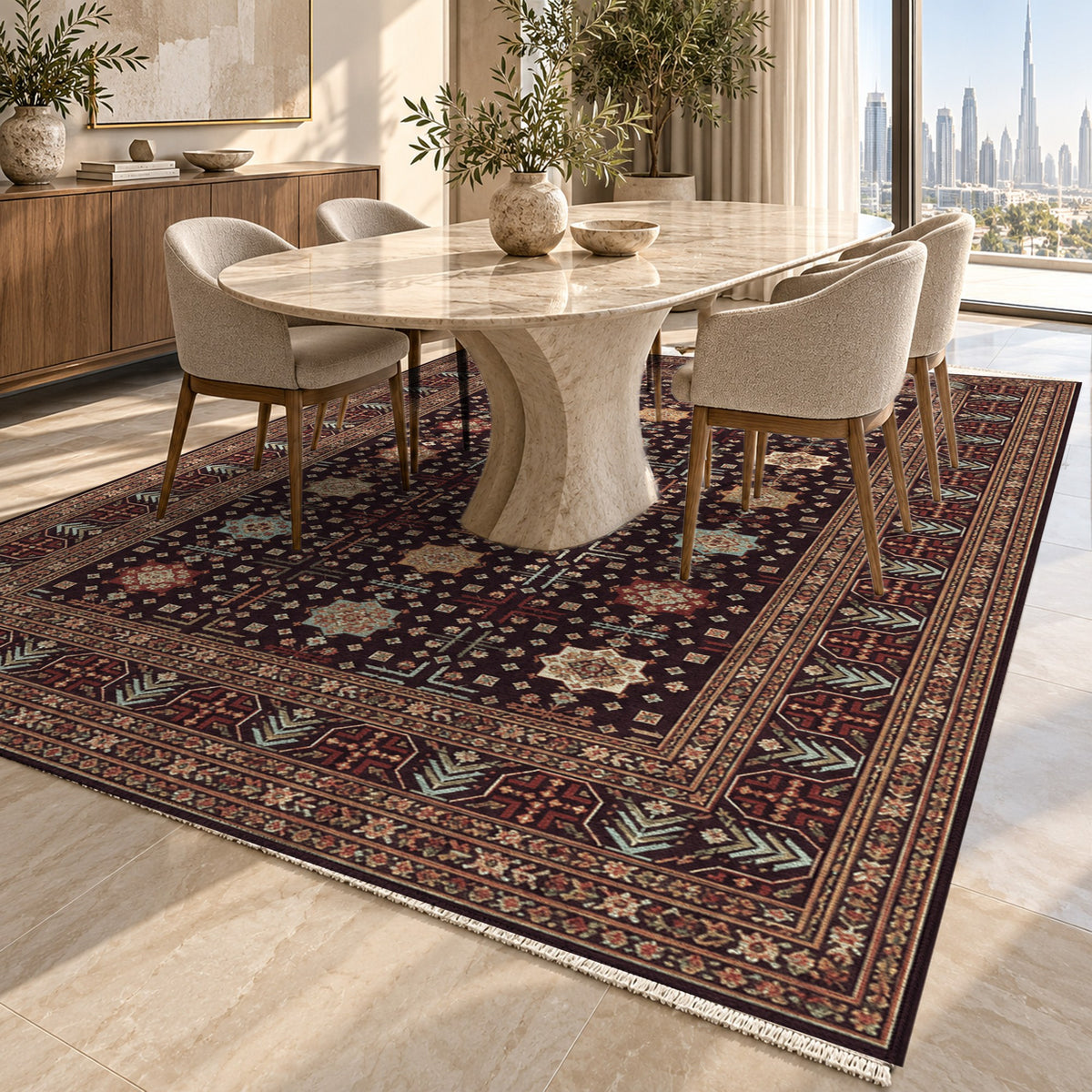 Ornamental Geometric Burgundy Aqua Ethnic Washable Rug — dubai dining