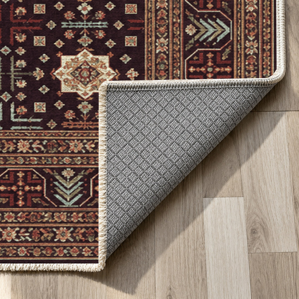 Ornamental Geometric Burgundy Aqua Ethnic Washable Rug — backing close up