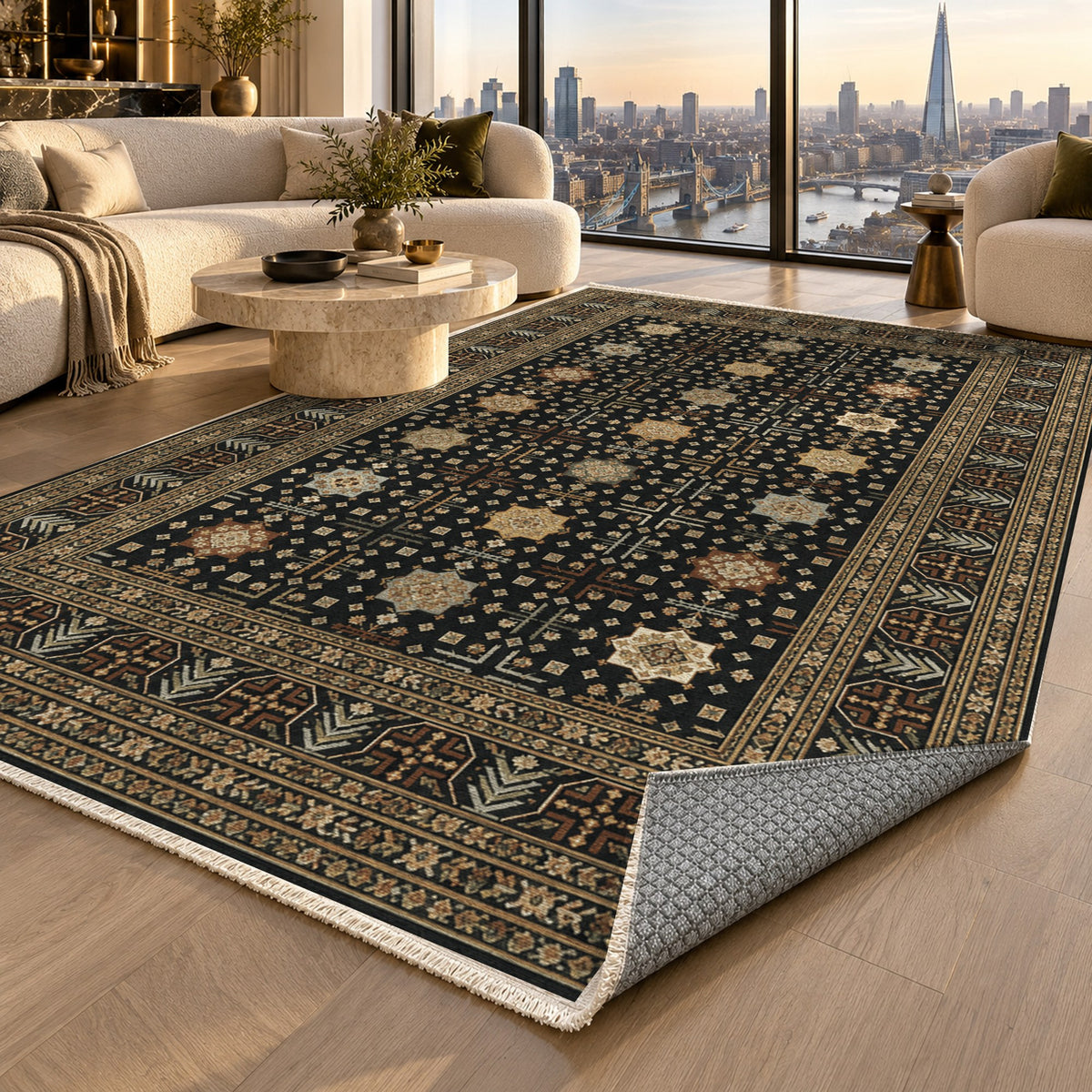 Ornamental Geometric Charcoal Gold Ethnic Washable Rug — london luxury living