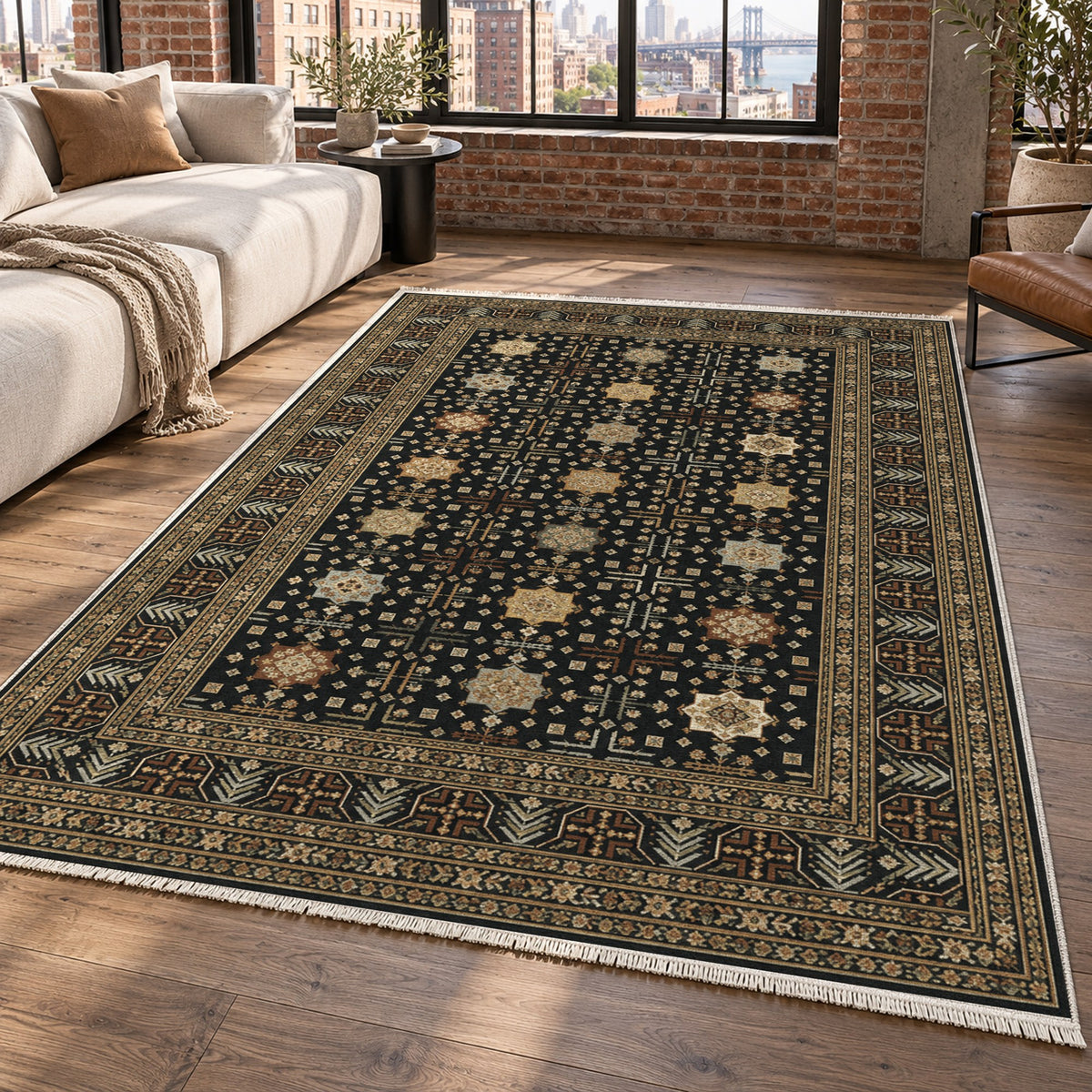 Ornamental Geometric Charcoal Gold Ethnic Washable Rug — new york living