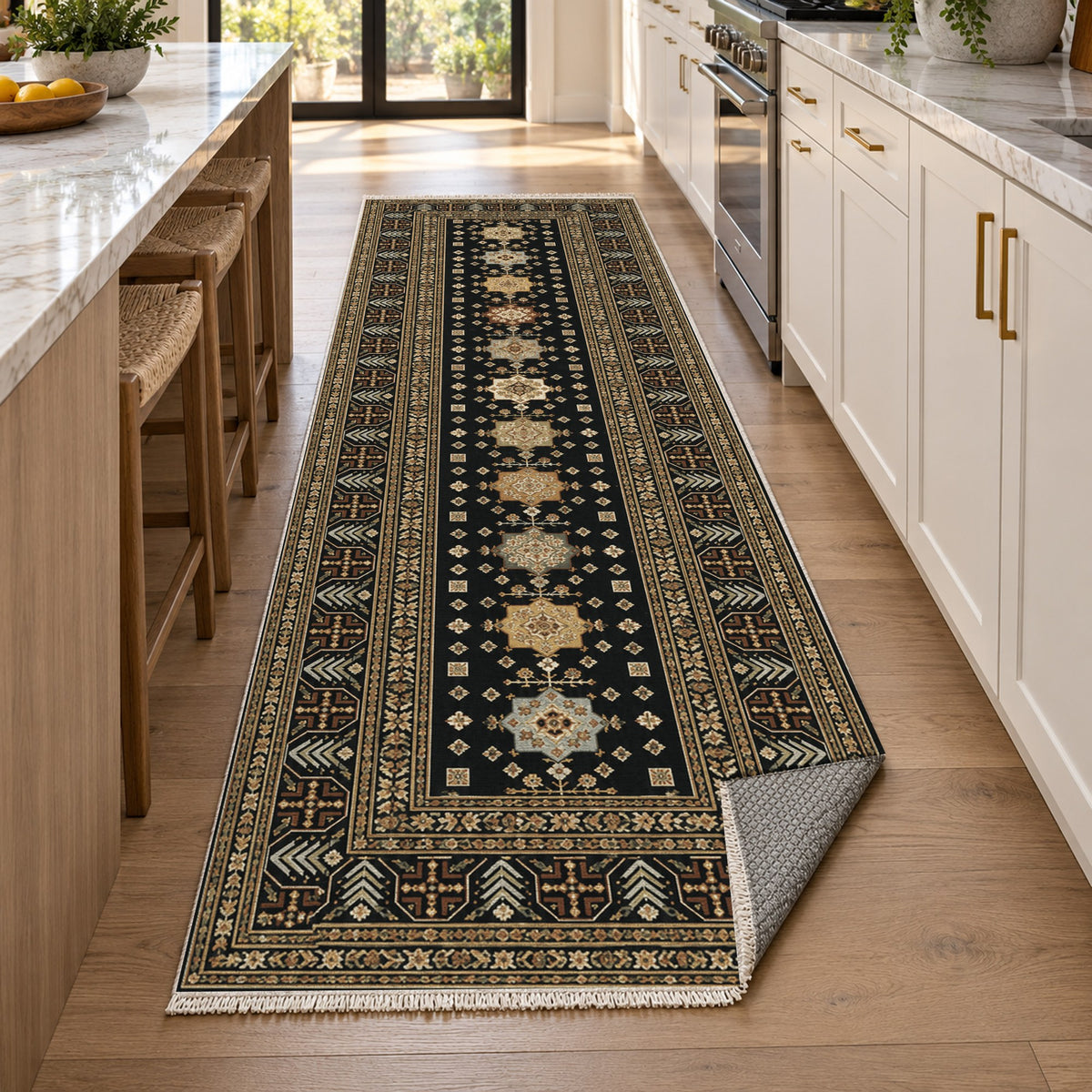 Ornamental Geometric Charcoal Gold Ethnic Washable Rug — new york kitchen runner
