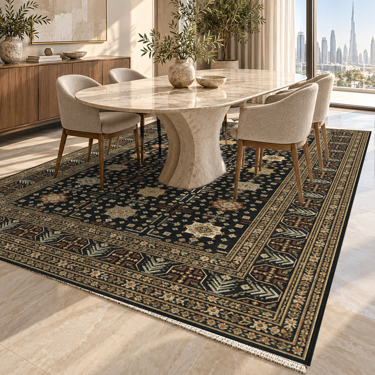 Ornamental Geometric Charcoal Gold Ethnic Washable Rug — dubai dining