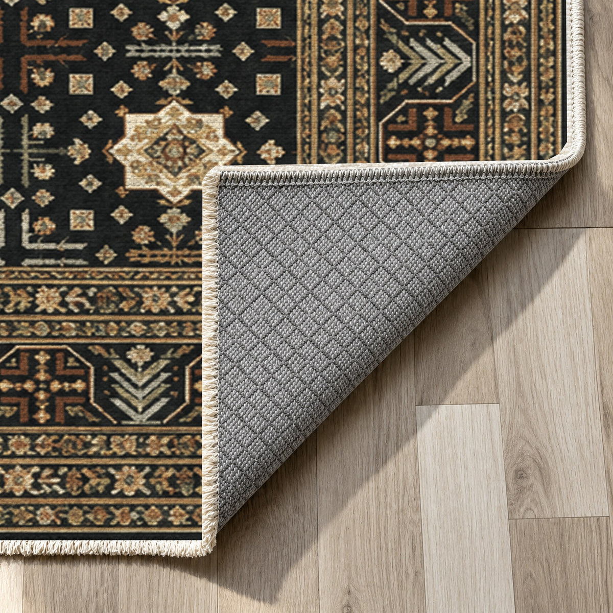Ornamental Geometric Charcoal Gold Ethnic Washable Rug — backing close up