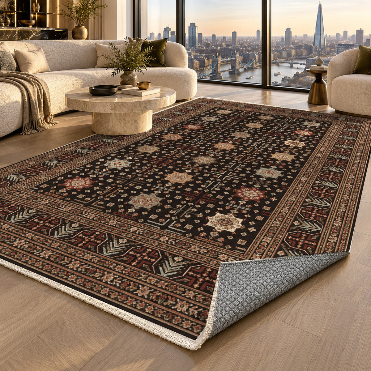 Ornamental Geometric Espresso Cream Ethnic Washable Rug — london luxury living