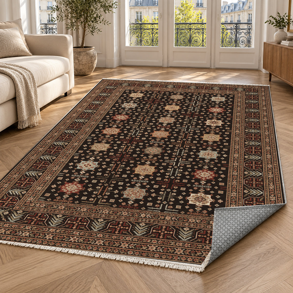 Ornamental Geometric Espresso Cream Ethnic Washable Rug — paris living