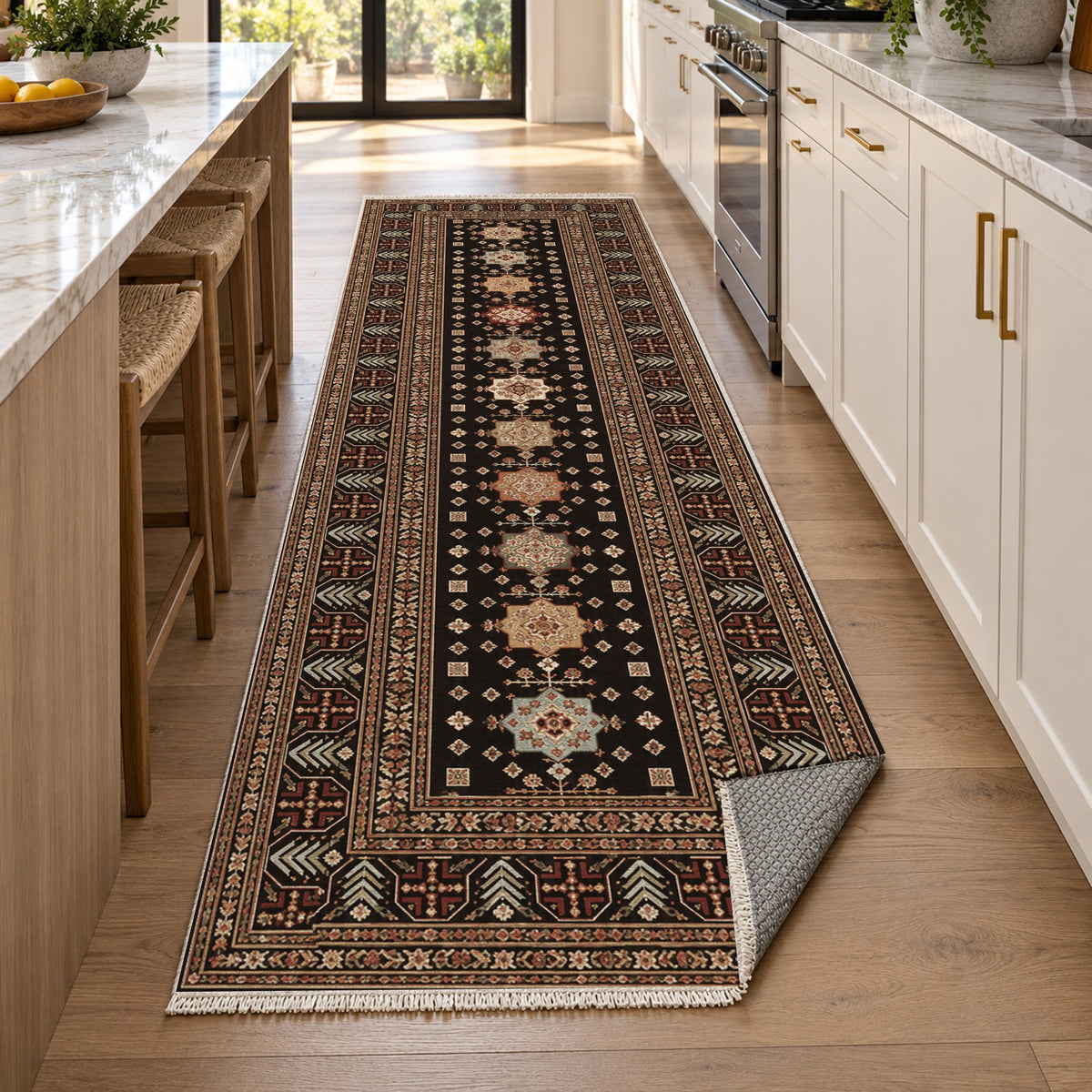 Ornamental Geometric Espresso Cream Ethnic Washable Rug — new york kitchen runner