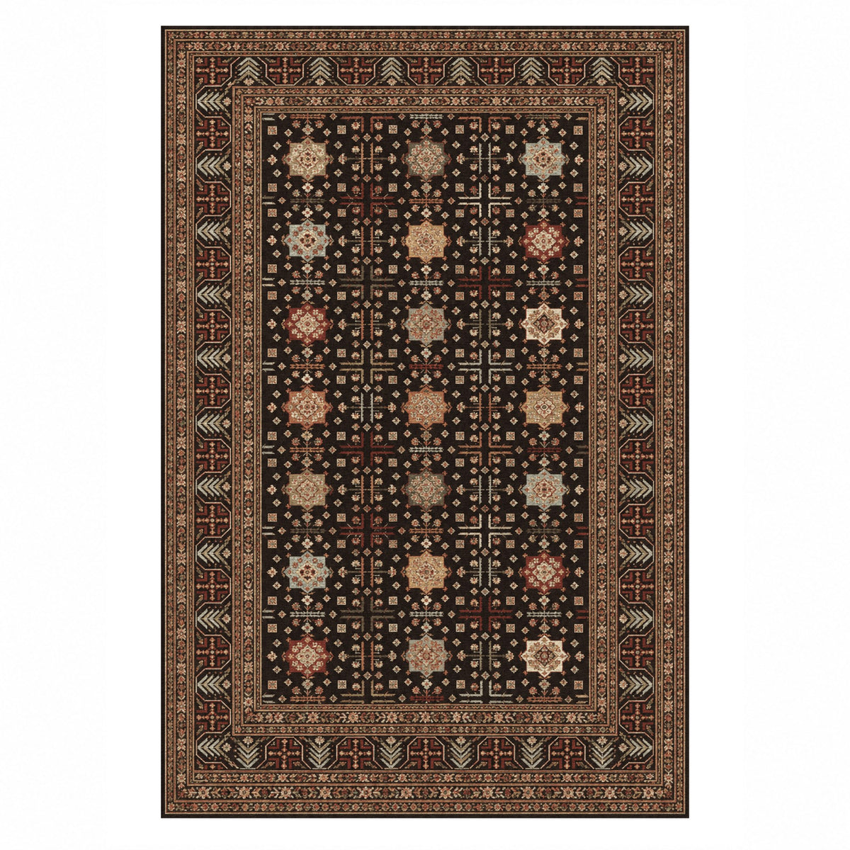 Ornamental Geometric Espresso Cream Ethnic Washable Rug — top view