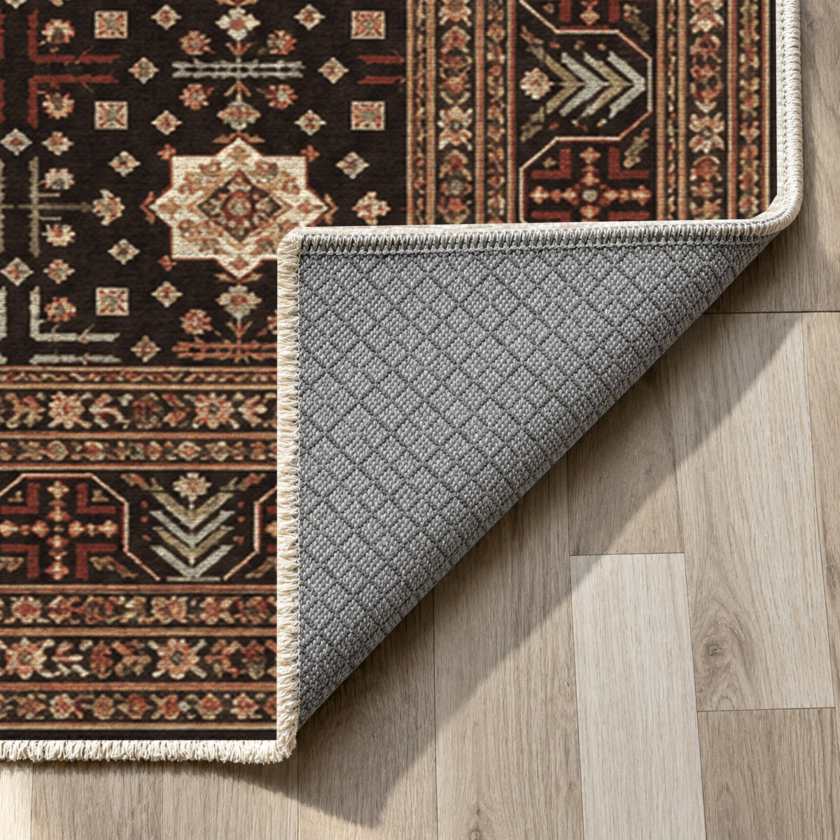 Ornamental Geometric Espresso Cream Ethnic Washable Rug — backing close up