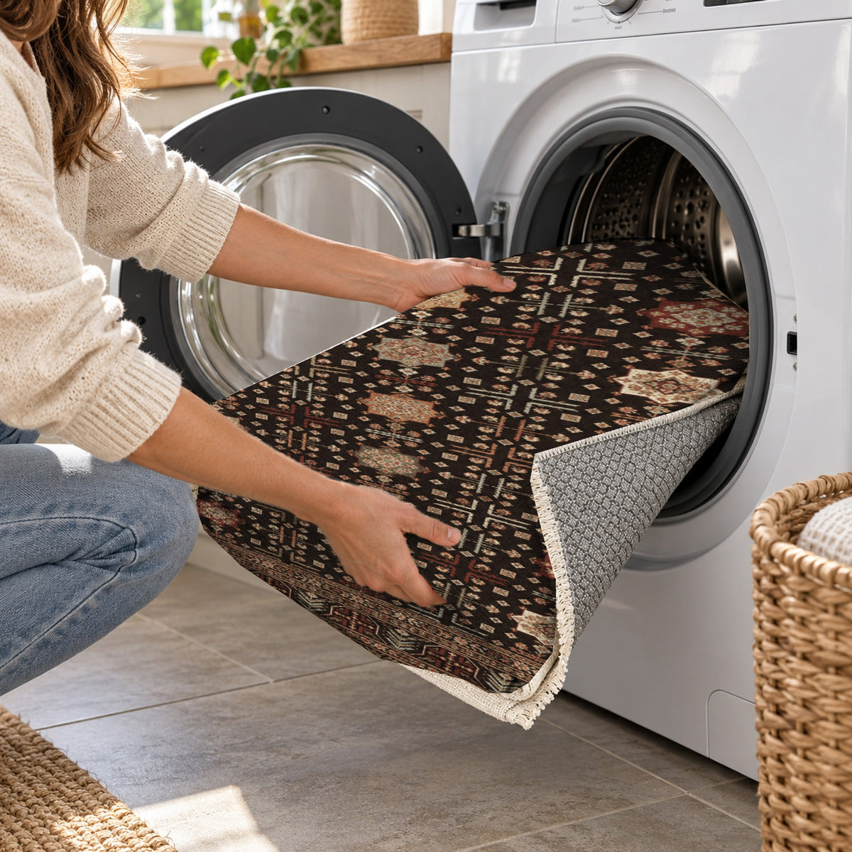 Ornamental Geometric Espresso Cream Ethnic Washable Rug — washing machine