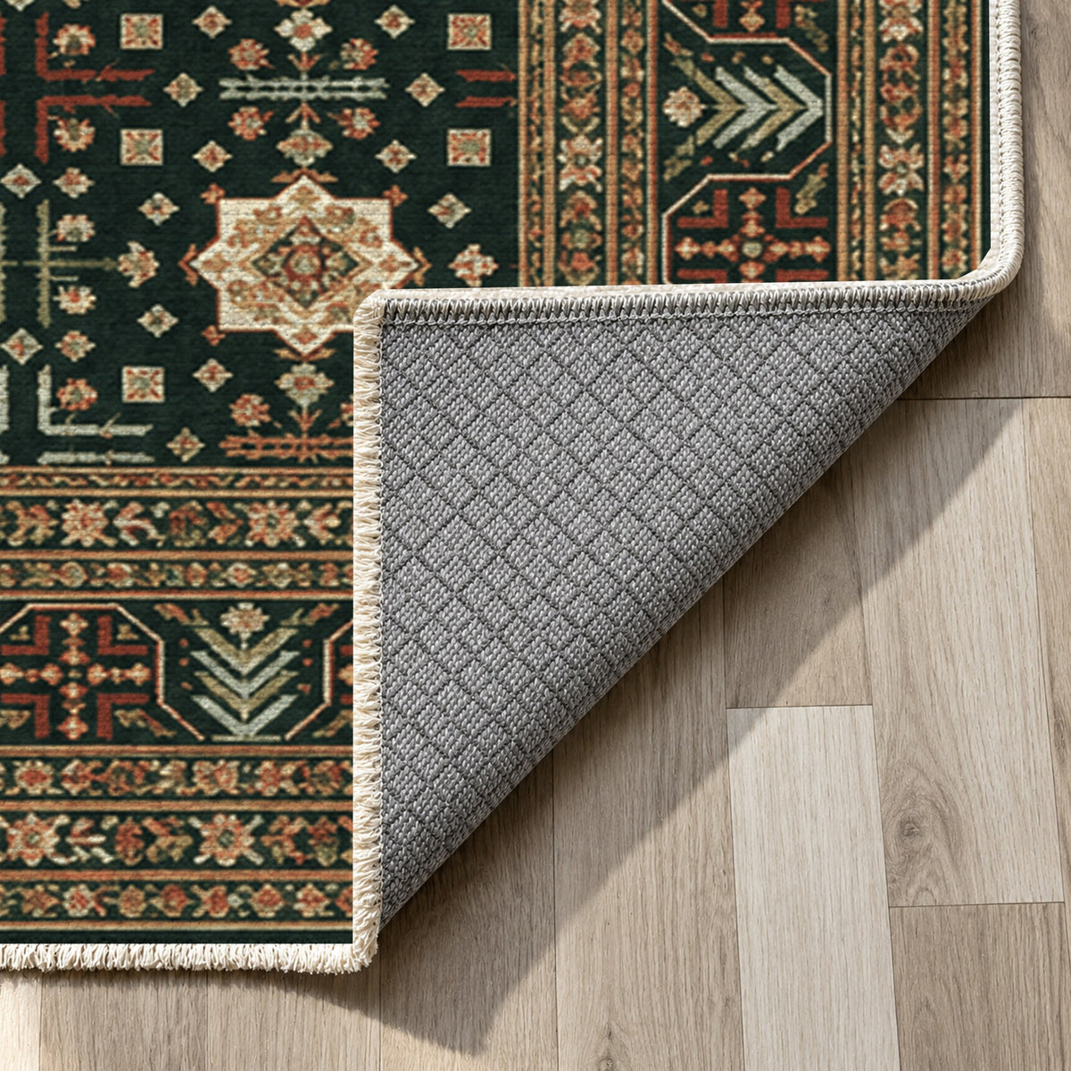 Ornamental Geometric Forest Rust Ethnic Washable Rug — backing close up