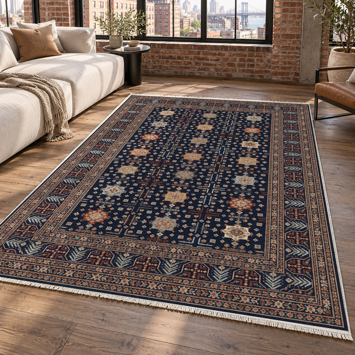 Ornamental Geometric Indigo Terracotta Ethnic Washable Rug — new york living