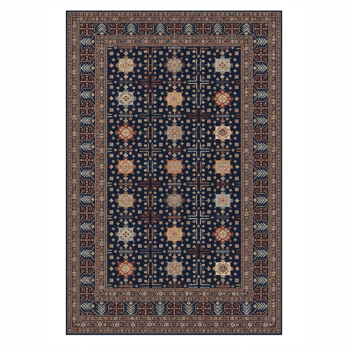 Ornamental Geometric Indigo Terracotta Ethnic Washable Rug — top view