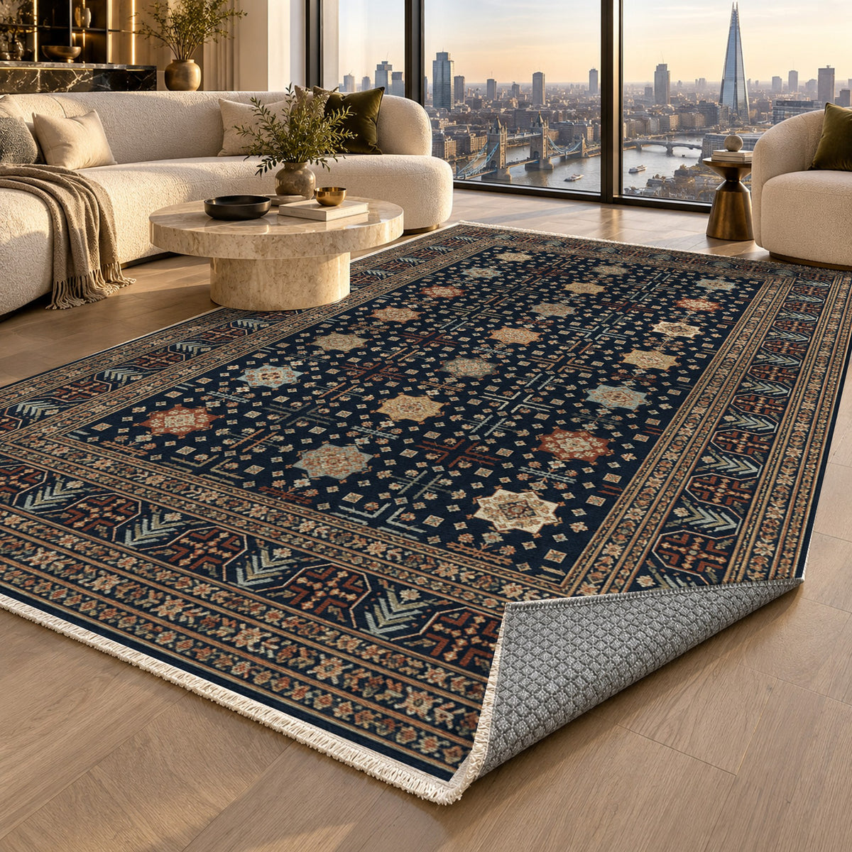 Ornamental Geometric Navy Copper Ethnic Washable Rug — london luxury living