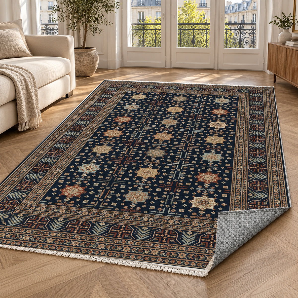 Ornamental Geometric Navy Copper Ethnic Washable Rug — paris living