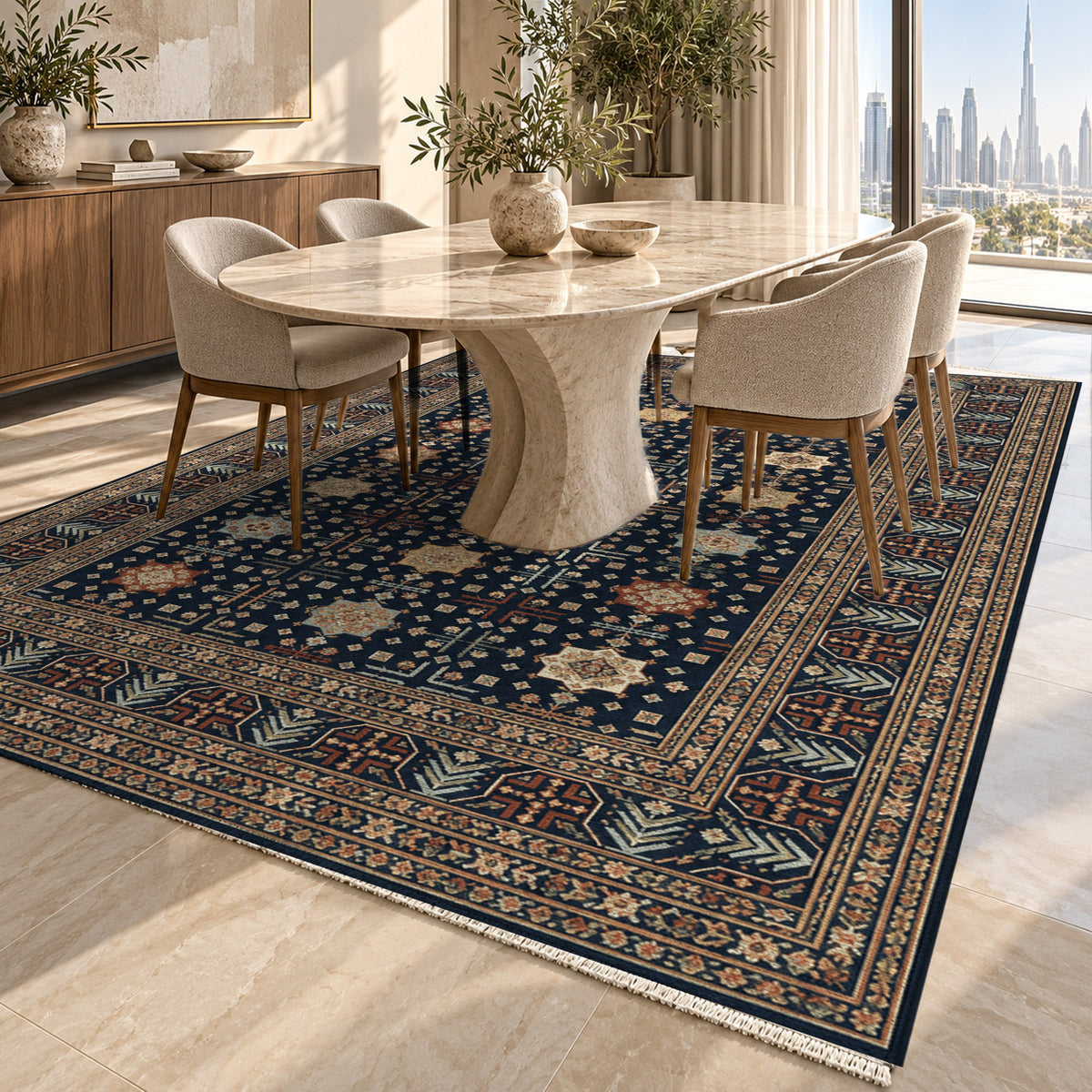 Ornamental Geometric Navy Copper Ethnic Washable Rug — dubai dining