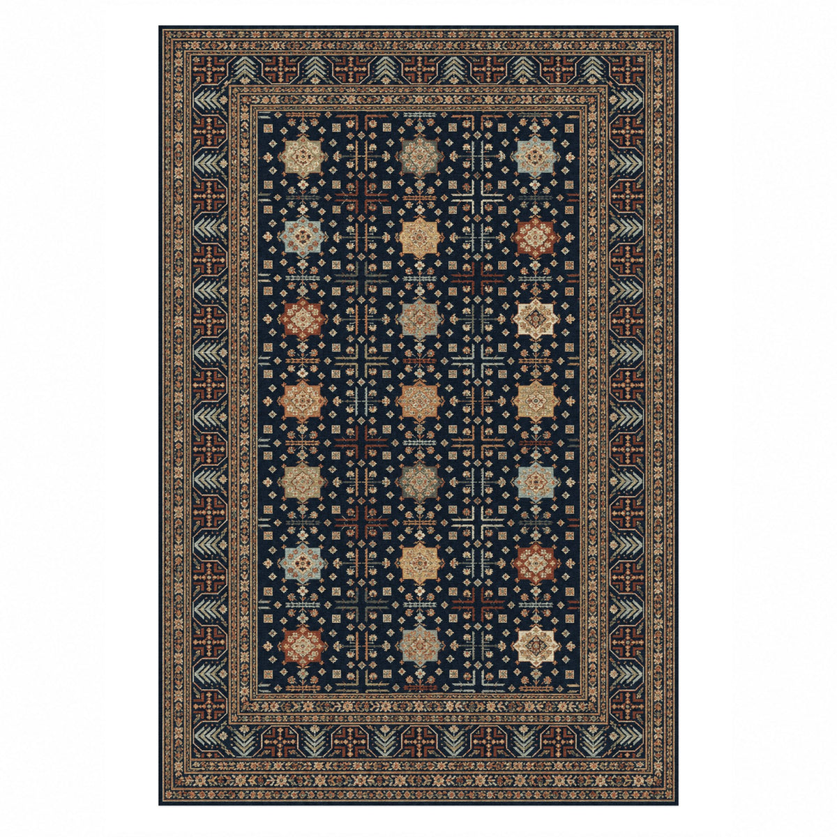 Ornamental Geometric Navy Copper Ethnic Washable Rug — top view