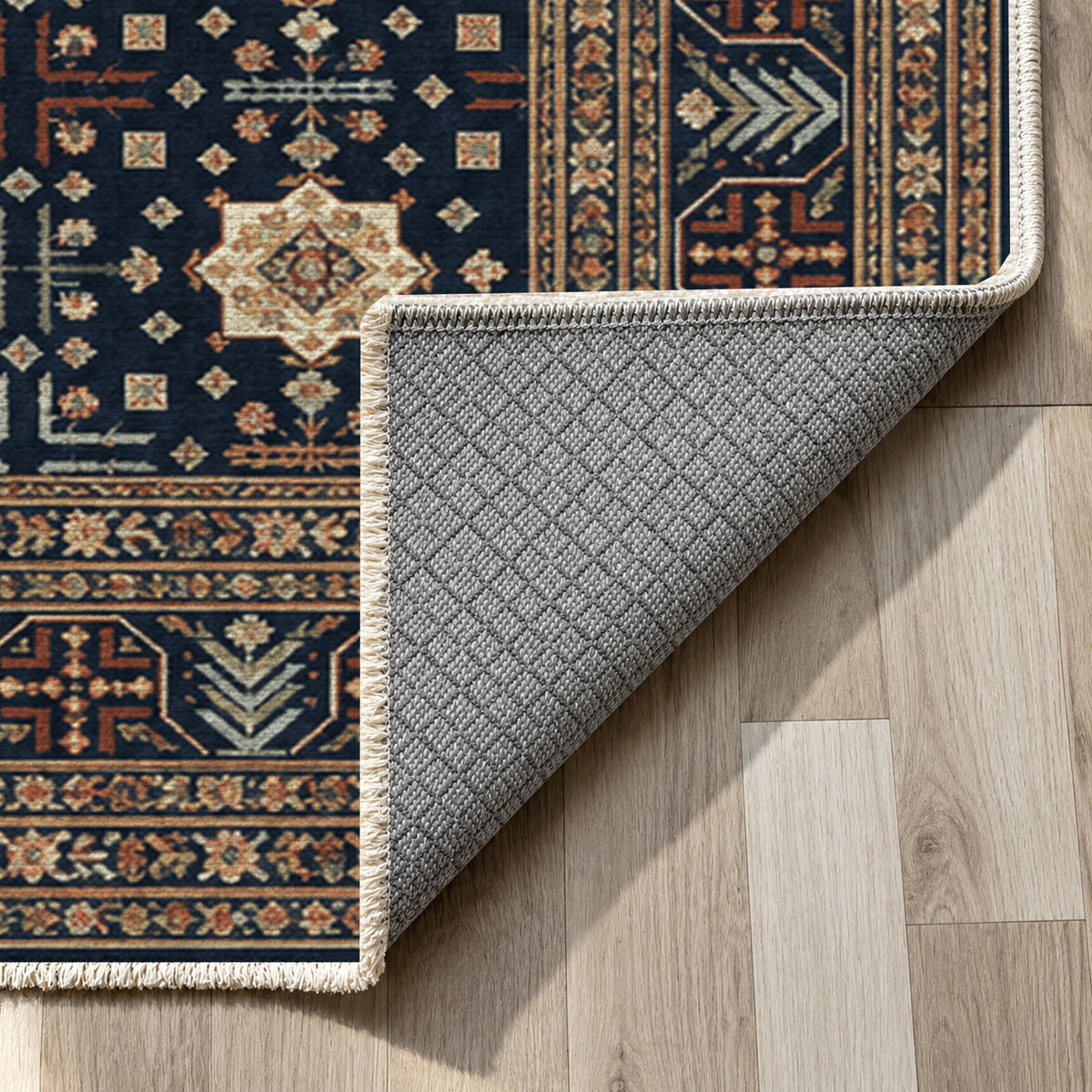 Ornamental Geometric Navy Copper Ethnic Washable Rug — backing close up