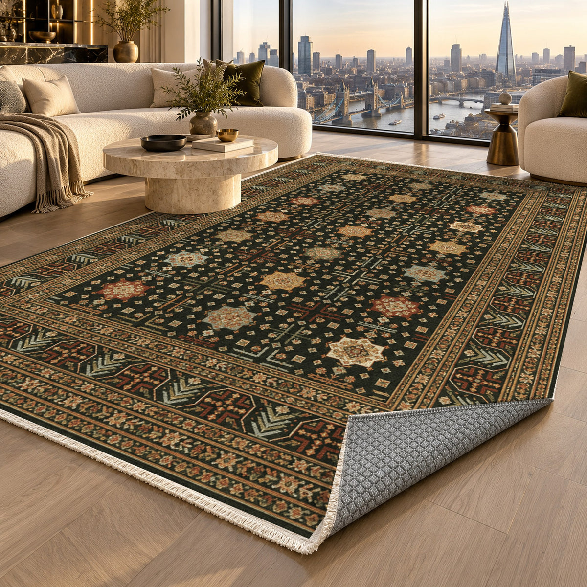 Ornamental Geometric Olive Amber Ethnic Washable Rug — london luxury living