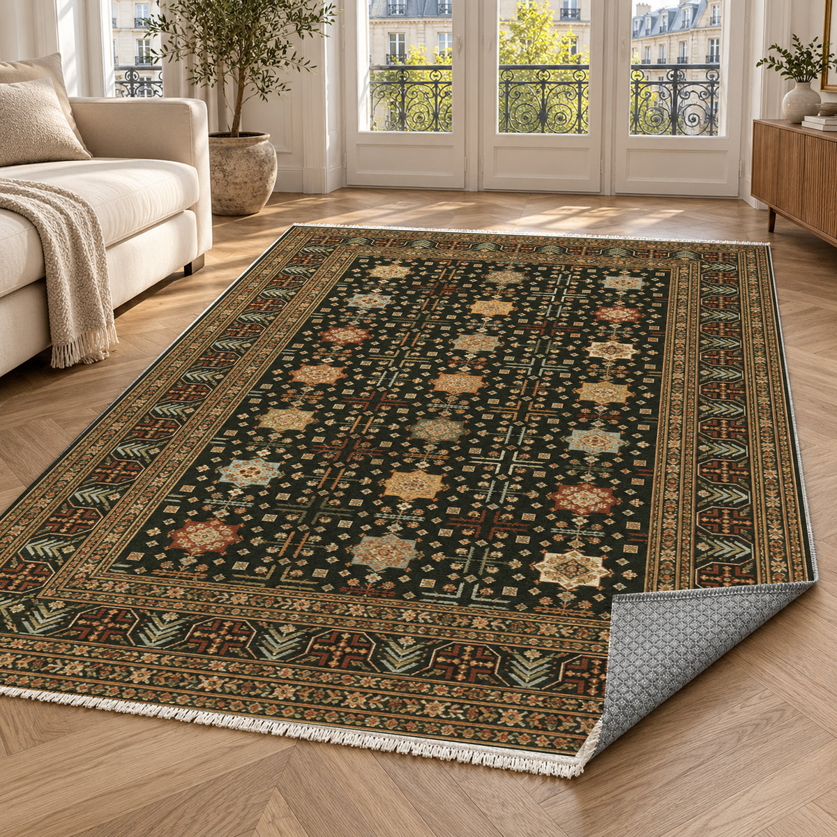 Ornamental Geometric Olive Amber Ethnic Washable Rug — paris living