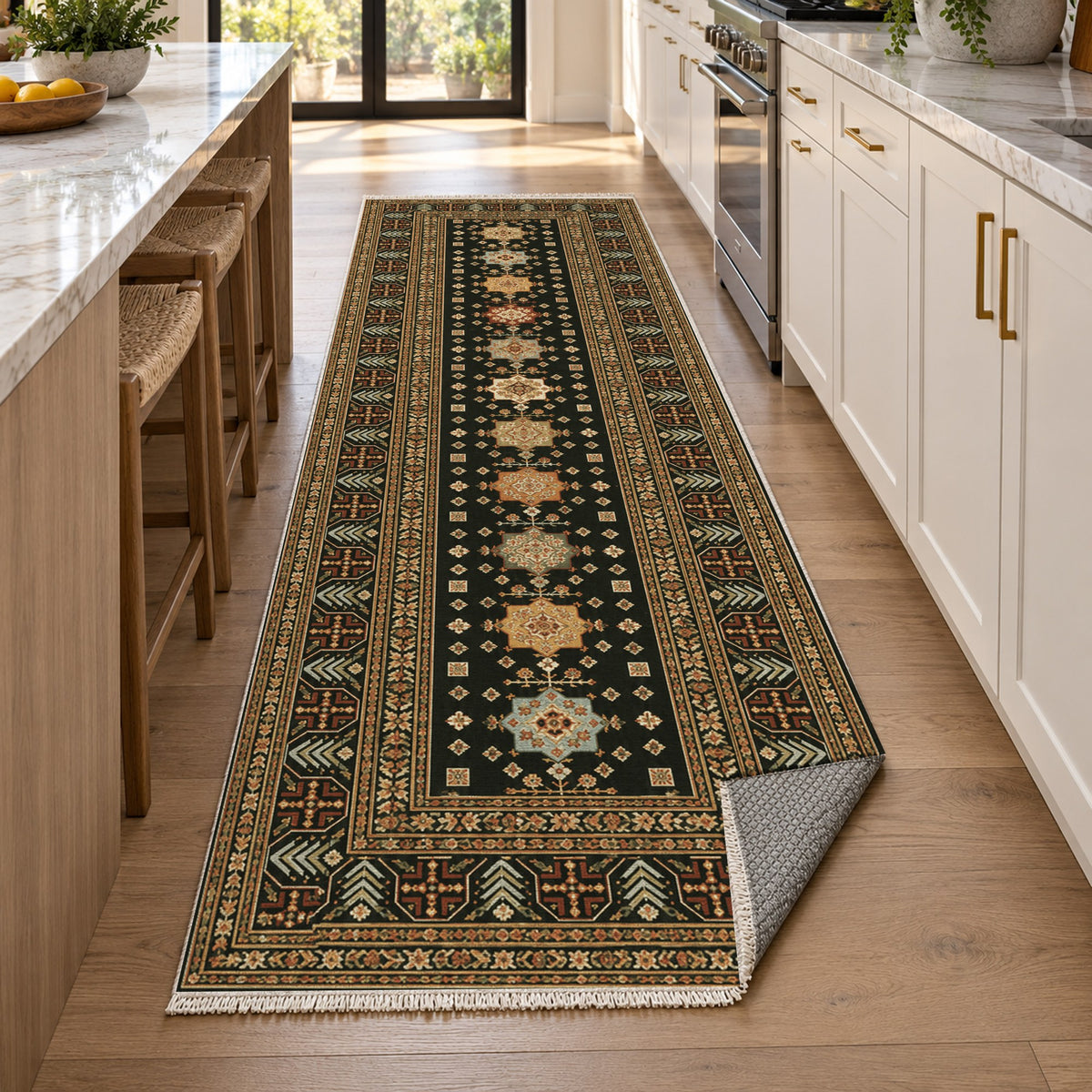 Ornamental Geometric Olive Amber Ethnic Washable Rug — new york kitchen runner