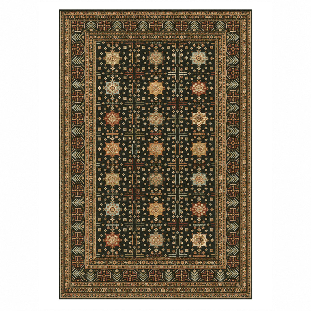 Ornamental Geometric Olive Amber Ethnic Washable Rug — top view