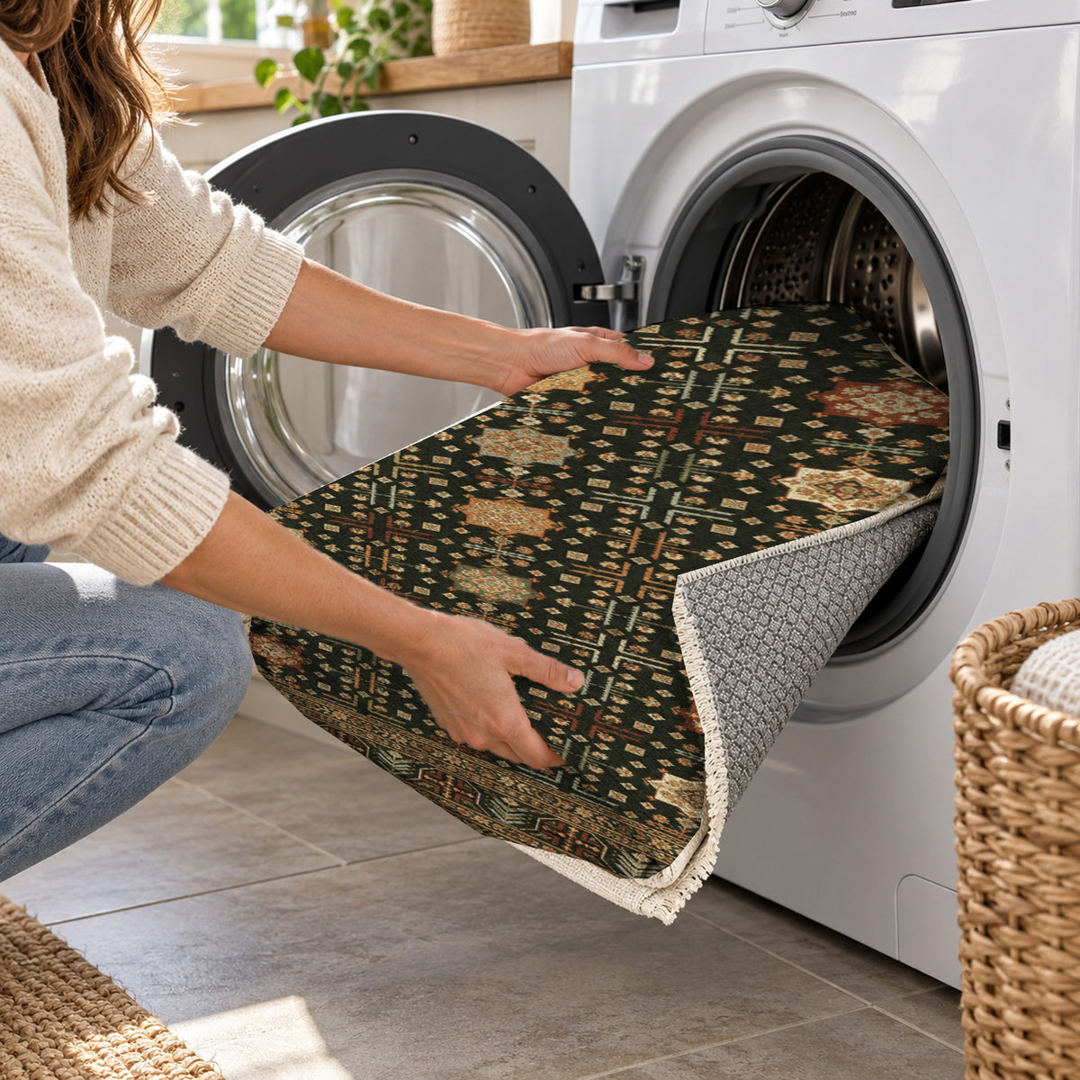 Ornamental Geometric Olive Amber Ethnic Washable Rug — washing machine
