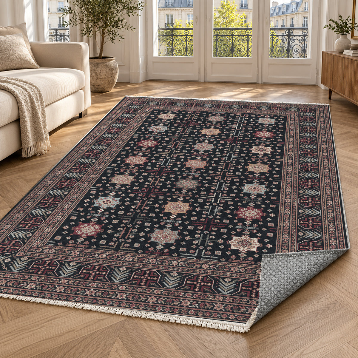 Ornamental Geometric Slate Rose Ethnic Washable Rug — paris living