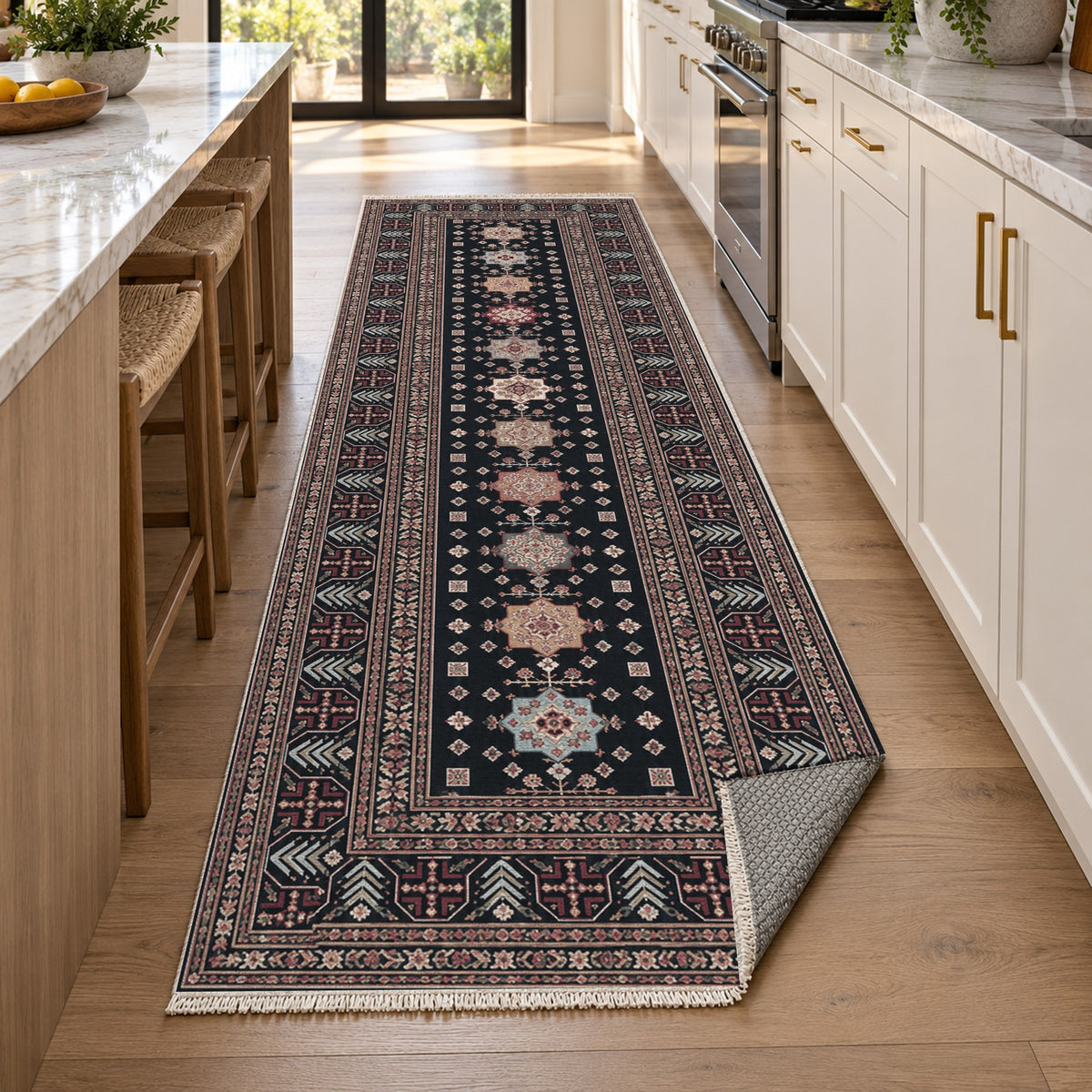 Ornamental Geometric Slate Rose Ethnic Washable Rug — new york kitchen runner