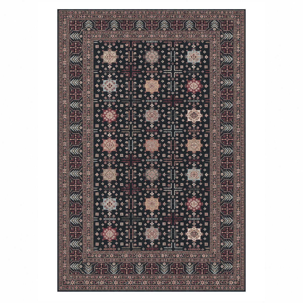 Ornamental Geometric Slate Rose Ethnic Washable Rug — top view