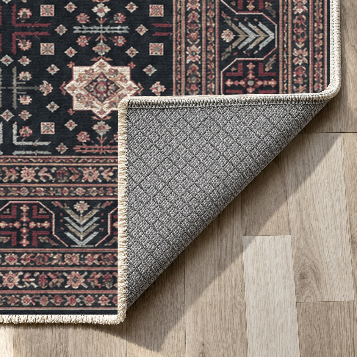 Ornamental Geometric Slate Rose Ethnic Washable Rug — backing close up