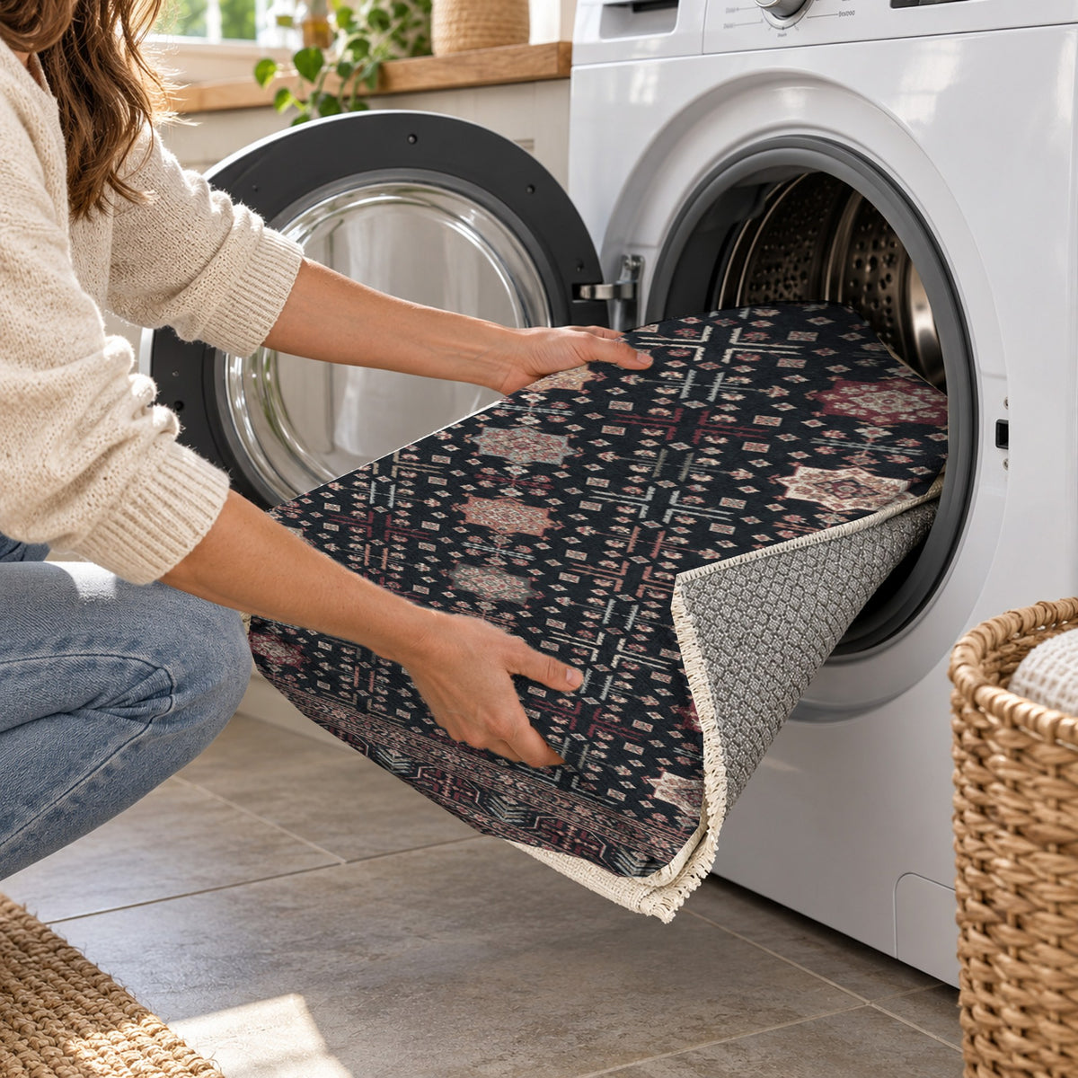 Ornamental Geometric Slate Rose Ethnic Washable Rug — washing machine