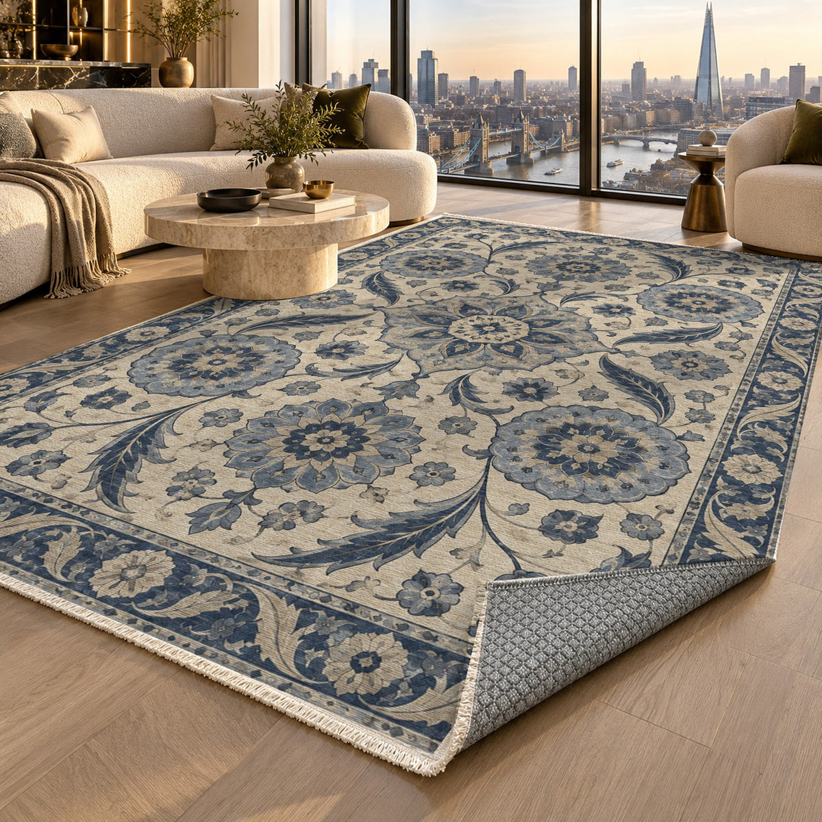 Ottoman Rosettes Blue Ivory Classic Washable Rug — london luxury living