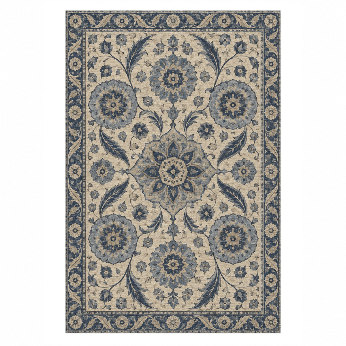 Ottoman Rosettes Blue Ivory Classic Washable Rug — top view