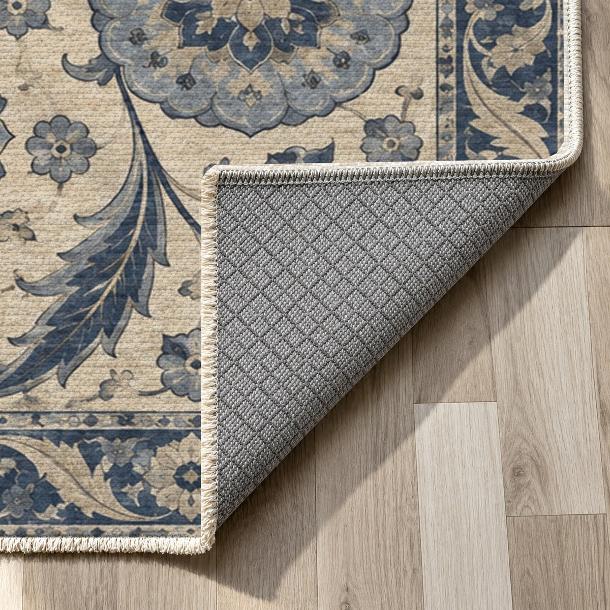 Ottoman Rosettes Blue Ivory Classic Washable Rug — backing close up