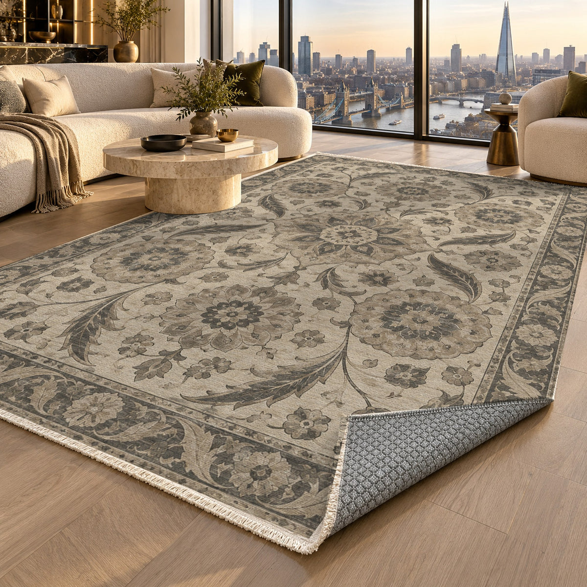 Ottoman Rosettes Ivory Taupe Classic Washable Rug — london luxury living