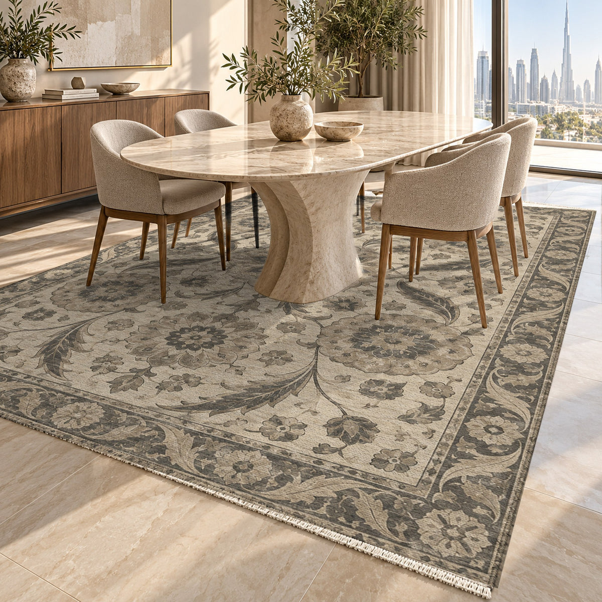 Ottoman Rosettes Ivory Taupe Classic Washable Rug — dubai dining