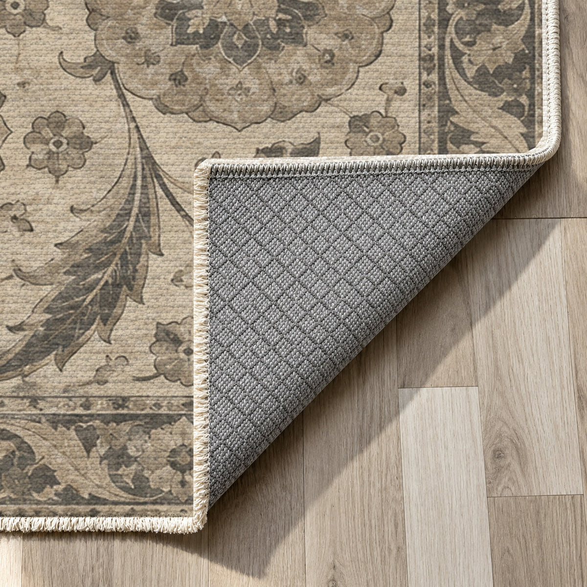 Ottoman Rosettes Ivory Taupe Classic Washable Rug — backing close up