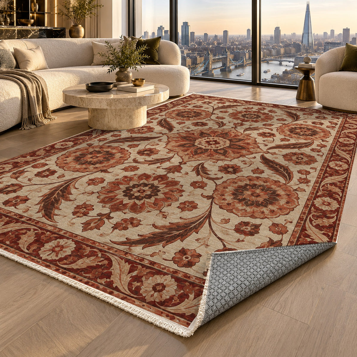 Ottoman Rosettes Rust Sand Classic Washable Rug — london luxury living